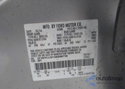 2016 Ford Edge Sel z USA, uszkodzony, nr VIN 2FMPK3J91GBB86756